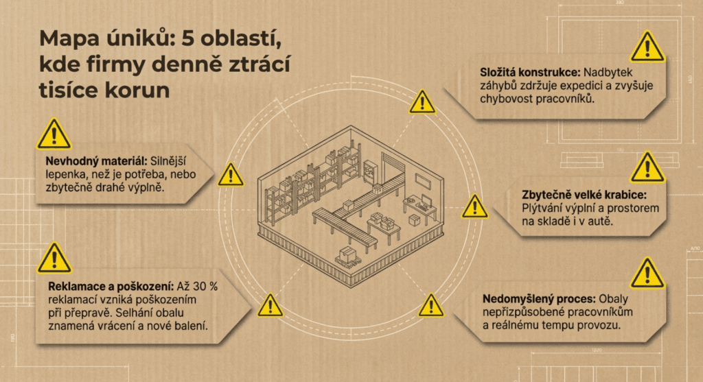 Nechte si rozebrat krabici. Možná balíte zbytečně špatně 5 Infografika s názvem „mapa úniků“, která ukazuje 5 hlavních problémů ve skladování a balení (materiál, poškození, konstrukce, velikost krabic a proces), kvůli nimž firmy ztrácejí peníze.