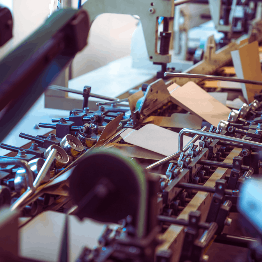 Krabice a obaly na míru: jak významně snížit logistické náklady? 18 Automatizovaná výrobní linka zpracovávající kartonové přířezy s válci a vodicími lištami.