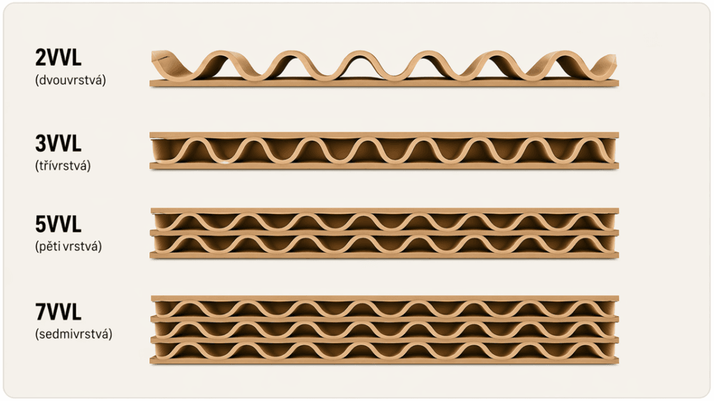 Srovnání vrstev vlnité lepenky podle konstrukce – dvouvrstvá, třívrstvá, pětivrstvá a sedmivrstvá varianta