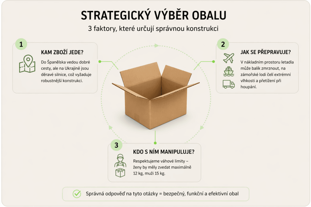 Schéma strategického výběru obalu – tři klíčové faktory: kam zboží jede, jak se přepravuje a kdo s ním manipuluje
