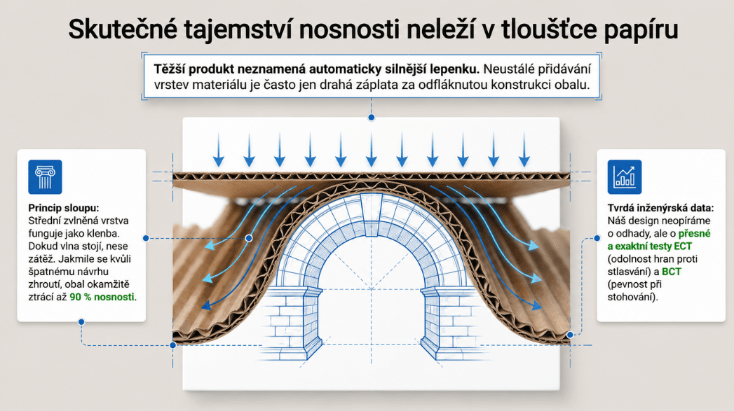 Průmyslové obaly na míru: přestaňte v kamionech draze vozit vzduch 3 Schéma vlnité lepenky přirovnané k římskému oblouku: zvlněná střední vrstva rozkládá tlak jako klenba; při zhroucení vlny obal ztrácí až 90 % nosnosti, proto se testuje ect a bct
