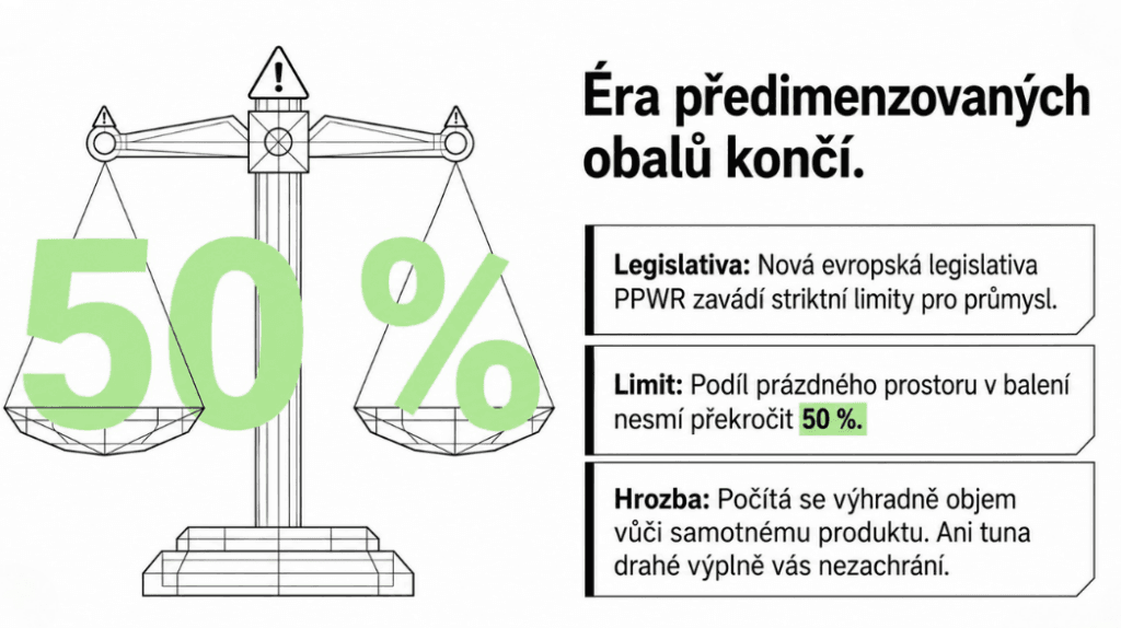 Průmyslové obaly na míru: přestaňte v kamionech draze vozit vzduch 2 Infografika k evropské legislativě ppwr na pozadí vah: podíl prázdného prostoru v balení nesmí překročit 50 %, limit se počítá z objemu vůči produktu a výplň nepomůže