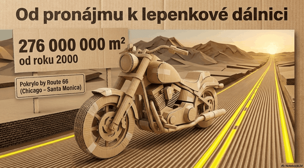 Motorka z vlnité lepenky na dálnici; od roku 2000 zpracováno 276 000 000 m² lepenky – pokryla by route 66.