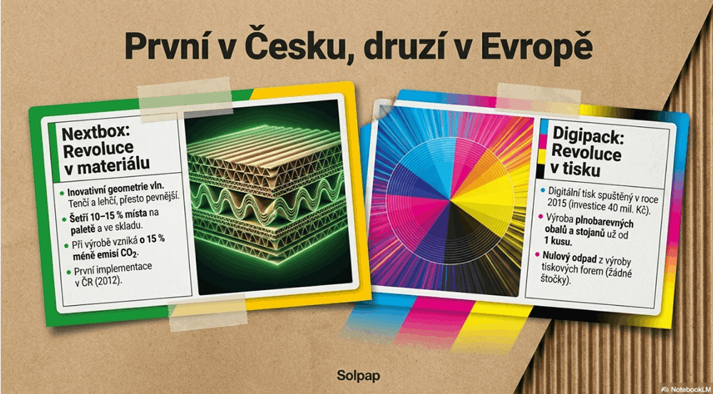 Dvě kartonové karty inovací solpapu: nextbox (revoluce v materiálu) a digipack (revoluce v tisku).