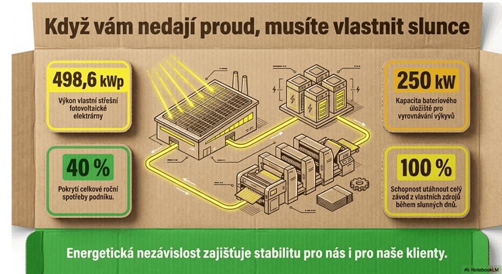 Schéma energetické soběstačnosti solpapu: 498,6 kwp fotovoltaika, 250 kw baterie, 40 % roční spotřeby, 100 % za slunečných dnů.