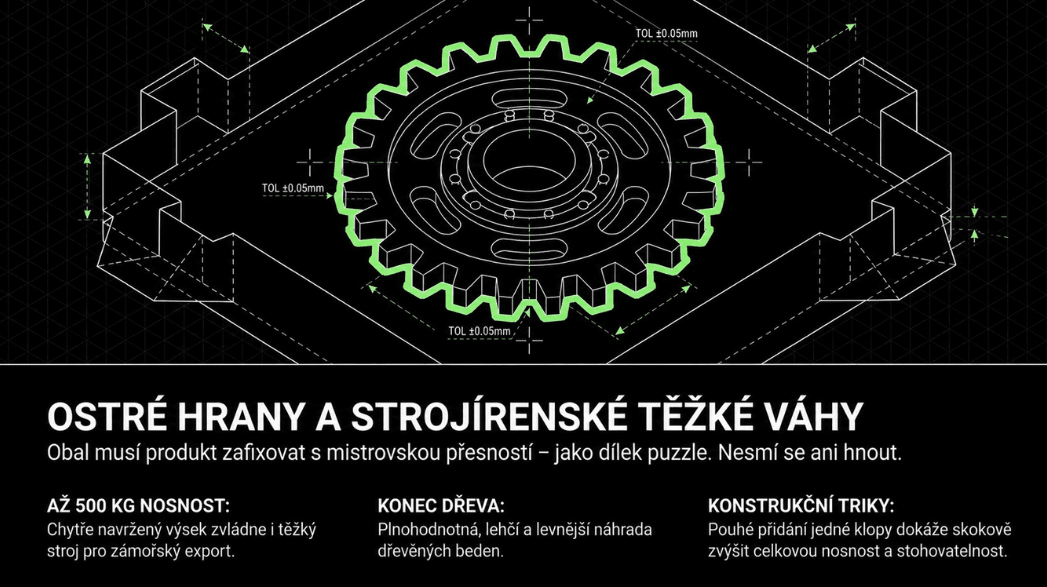 Průmyslové obaly na míru: přestaňte v kamionech draze vozit vzduch 5 Technický výkres ozubeného kola fixovaného v tvarovém výseku z vlnité lepenky s tolerancemi ±0,05 mm – obal s nosností až 500 kg jako lehčí náhrada dřevěných beden pro zámořský export